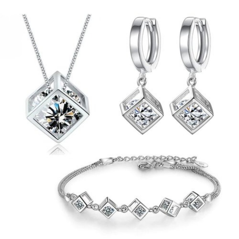 NEW [Set of 3] 925 Sterling Silver Diamond Cube E